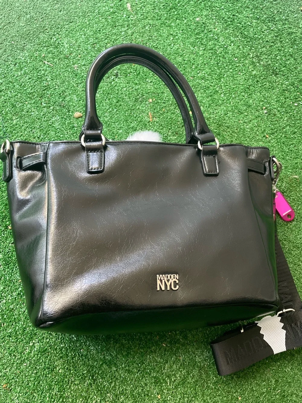 Black Structured Satchel Handbag with Colorful Charm Accents